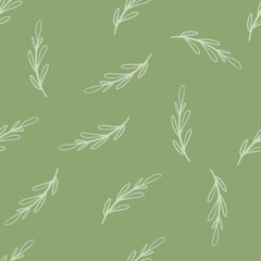 Seamless foliage doodle pattern with random light outline branches elements. Green olive background.