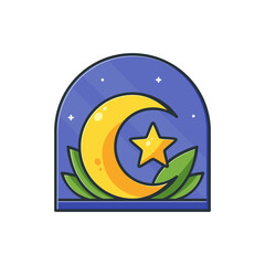 Ramadan badge sticker icon design with crescent moon and star illustration