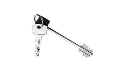 House door lock keys bunch on ring on white background isolated close up, two silver metal keys on...