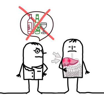 Cartoon Doctor saying "No Alcohol" to a man with Liver problems