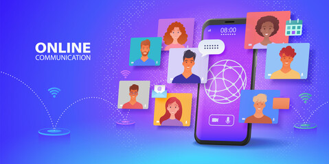 Virtual online communication via video conference app banner. Using smartphone chatting with colleagues via wireless network online. Vector illustration