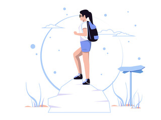 Holidays and adventures. Woman standing on rock. Character concept isolated in flat style. Vector illustration.