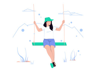 Holidays and adventures. Woman is playing on the swing. Character concept isolated in flat style. Vector illustration.