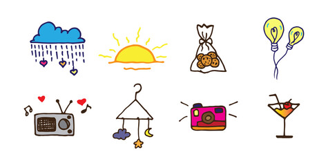 set of different clipart. fun and happy. camera, coctail, rainy day, bulb icon, cookies, sunset, radio, music, hanger with space. hand drawn vector. doodle art for logo, label, sticker, poster, advert