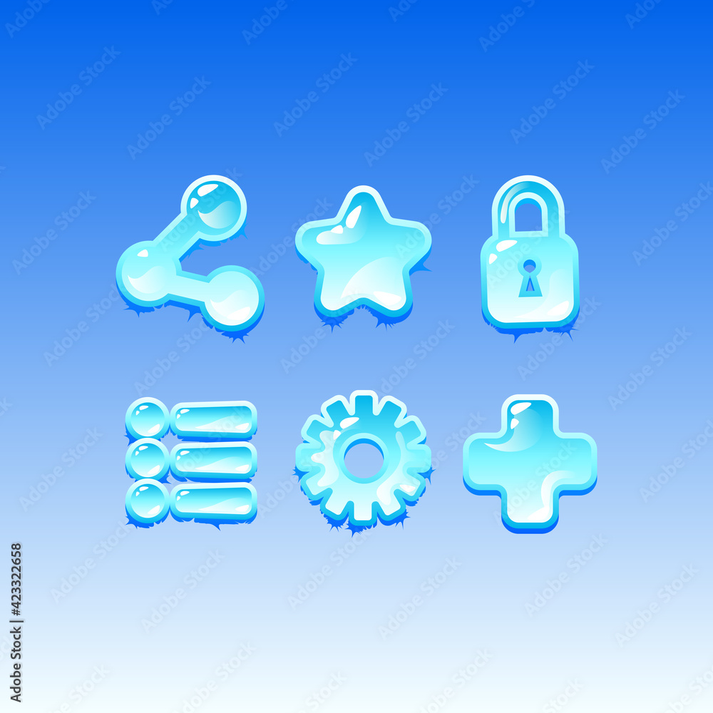 Poster set of game ui freeze ice icon signs for gui asset elements vector illustration