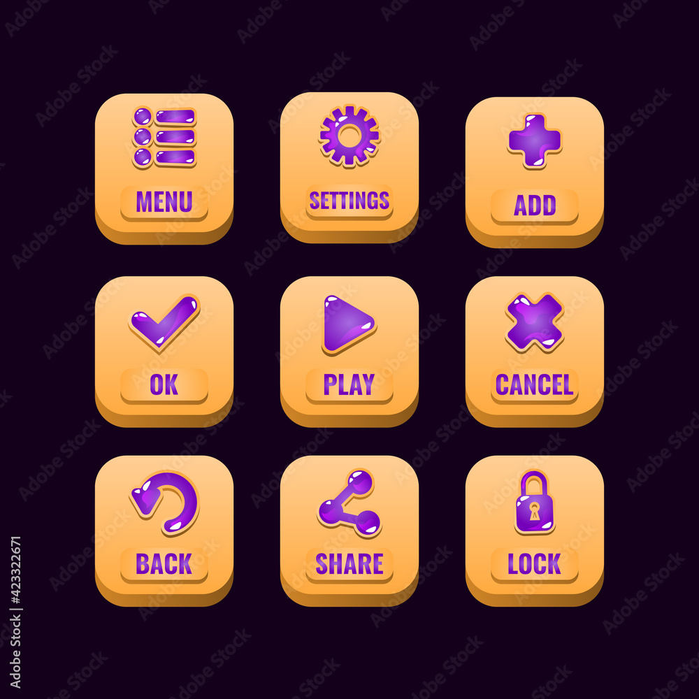 Poster collection set of square wooden buttons with jelly icons for game ui asset elements vector illustrat