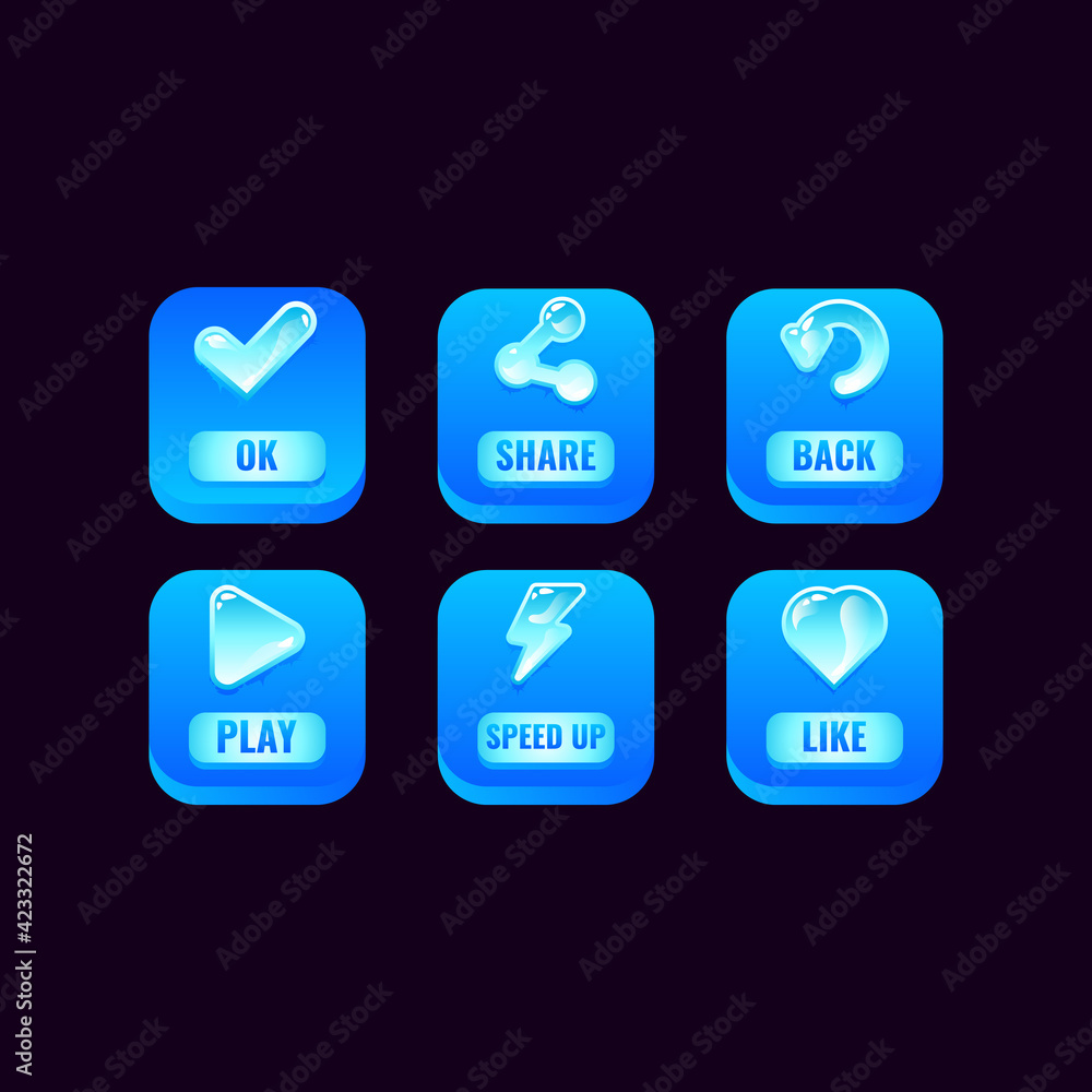Poster set of square ice buttons with jelly icons for game ui asset elements vector illustration