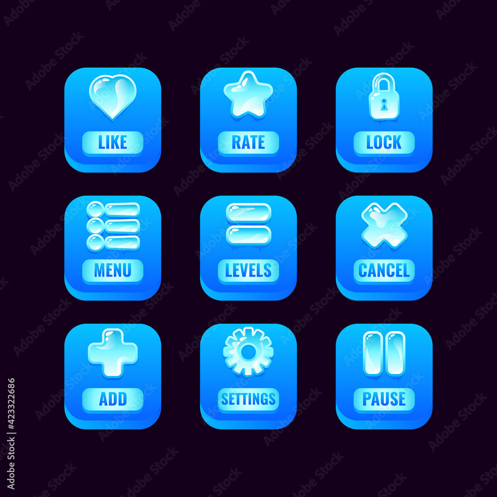 Fototapete collection set of square ice buttons with jelly icons for game ui asset elements vector illustration