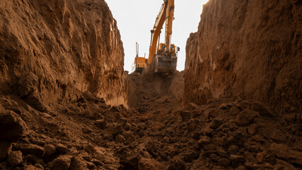 The excavator digs a trench for laying the pipeline. View from the trench. Clay soil. Part of the image is blurred. © A08