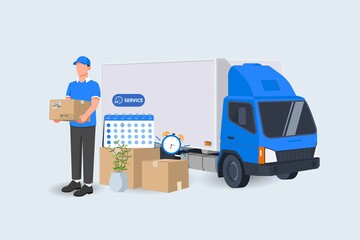 Date of Delivery service courier and truck shipping with a mobile smartphone on blue background