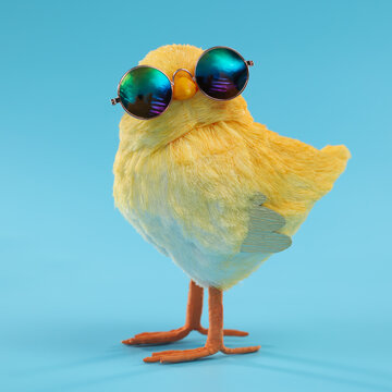 Easter decoration of a yellow chick wearing silly sunglasses.