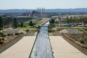 In Los Angeles, California, the Tujunga Wash waterway is viewed from Hansen Dam, with a natural...