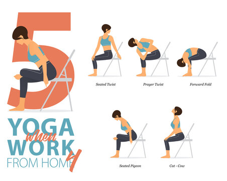 5 Yoga poses or asana posture for workout in working at home concept. Women exercising for body stretching. Fitness infographic. Flat cartoon vector