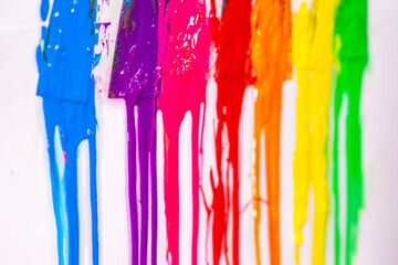 blue ,purple, pink, red,orange, yellow and green are slowly dripping from color scoop handle..and slowly spread onto the white paper.