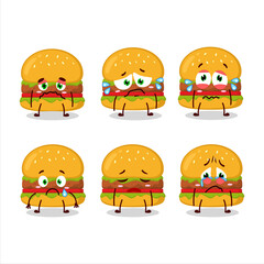 Hamburger cartoon in character with sad expression