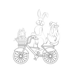 Easter rabbits on bicycle vector illustration outline