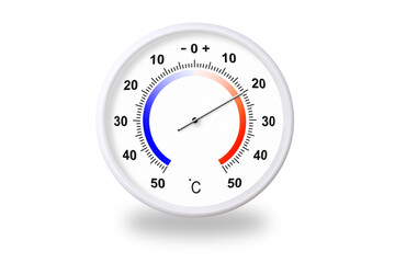 Outdoor thermometer on white background. Ambient temperature plus 20 degrees celsius