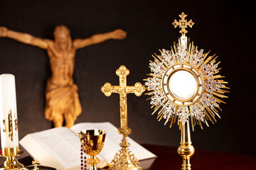 Religious holiday – Easter. Catholic symbols composition. Jesus figure, The Cross, monstrance, ...