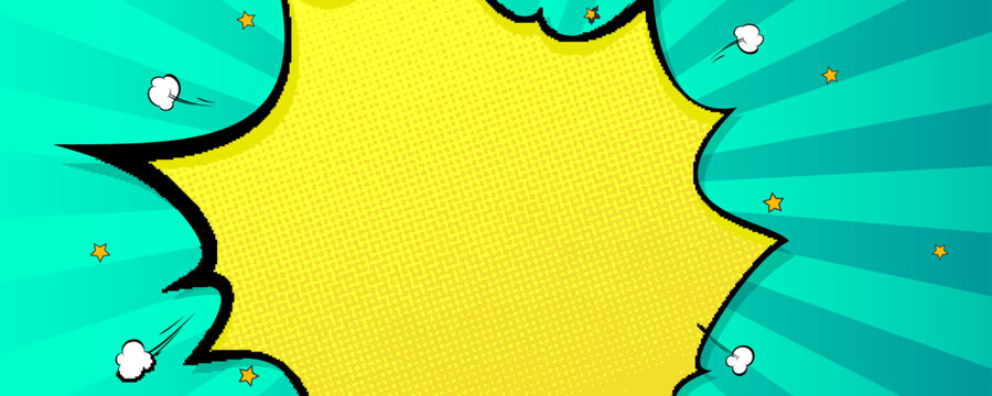 Background in cartoon comics book style. Exploding speech bubble, rays from burst. Retro halftone style. Vector illustration