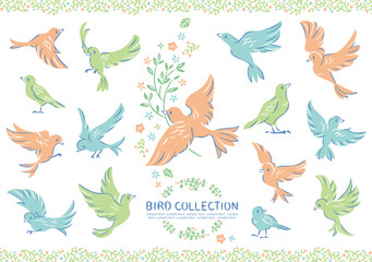 小鳥 イラスト セット 青色 Wall Mural Wallpaper Murals Keiko Kusuhara