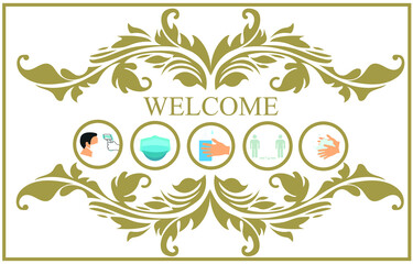 Welcome message with icon temperature check symbol wearing face mask