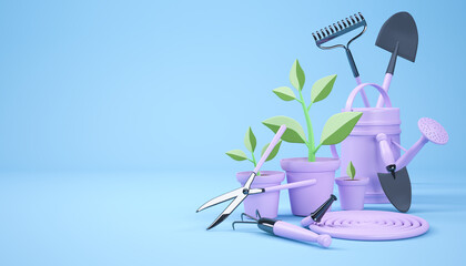 Illustration of a background with garden tools and seedlings in pots.3 d render. pink tool,blue background.