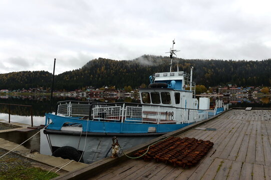Motor ship of the RN-376U project at the berth on Lake Teletskoye. Altai Republic