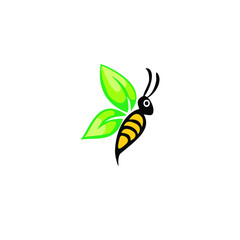 cute bee with wings in the form of leaves logo,  
natural symbol illustration