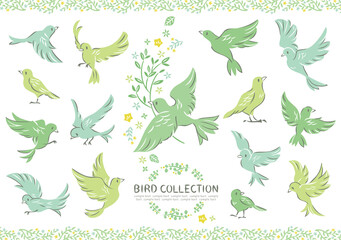 小鳥　イラスト　セット　緑色