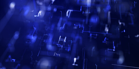 Abstract technology big data background concept. 3D rendering of a scientific technology data binary code network conveying connectivity. Digital cyberspace with particles and Digital data network con