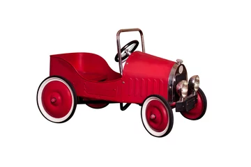 Zelfklevend Fotobehang Classic Vintage Child's toy car. Red vintage toy car isolated on white © Olga Mishyna