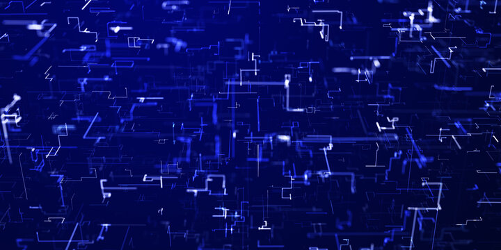 Abstract technology big data background concept. 3D rendering of a scientific technology data binary code network conveying connectivity. Digital cyberspace with particles and Digital data network con © AVADA