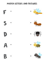 Match cute insects and letters. Educational logical game for kids. Vocabulary worksheet.