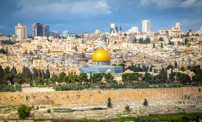 The Old city, Jerusalem. The Dome of the rock mosque in Jerusalem, the wall of the Old city,...