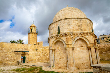 Fototapeta na wymiar Church of the Ascension, of jesus, with sky clouds in the background. Jerusalem Israel March 2021
