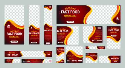 Set of fast foods web banners of standard size with a place for photos. Vertical, horizontal and square template. Vector illustration EPS 10	