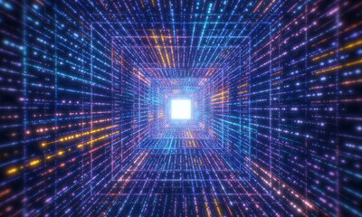 Obraz premium Digital glowing particles tunnel network abstract background. Futuristics technology and computer big data concept. Cyberspace and cyberpunk theme. 4K motion graphic footage video.