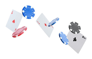 Casino chips and playing cards falling on white background