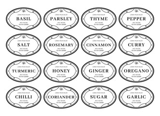 Seasoning kitchen pantry label sticker set organizer black white elips vintage style