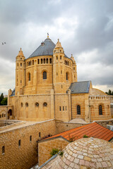 Fototapeta na wymiar Dormition Abbey at Mount Zion. External facade, Jerusalem Israel March 2021