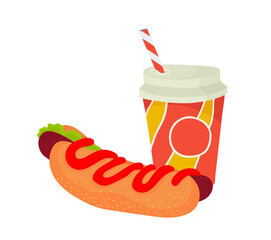 Paper cup with plastic lid and tube. Tea, coffee. Hot dog with mustard, ketchup. Outline vector illustration on a white background.