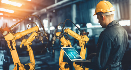 Smart industry robot arms for digital factory production technology showing automation manufacturing process of the Industry 4.0 or 4th industrial revolution and IOT software to control operation .