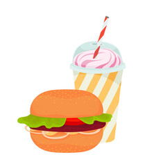 Paper cup with plastic lid and tube.  Juice, cocktail, smoothie, soda, milkshake. Hamburger, burger, cheeseburger. Holiday, weekend, fast food, street food. Outline vector.