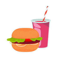 Plastic cup and tube. Juice, cocktail, smoothie, soda. Hamburger, burger, cheeseburger. Holiday, weekend, fast food, street food. Outline vector illustration on a white background.