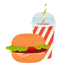 Paper cup with plastic lid. Juice, cocktail, smoothie, soda. Hamburger, burger, cheeseburger. Holiday, weekend, fast food, street food. Outline vector illustration on a white background.