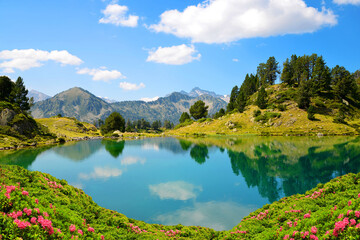 Beautiful mountain landscape in Neouvielle national nature reserve, Lac de Bastan inferieur, French Pyrenees. - 423331898