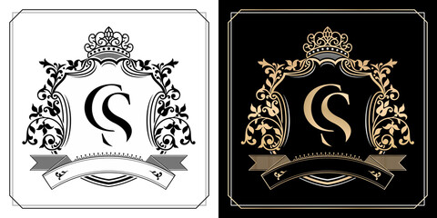 CS royal emblem with crown, set of black and white labels, initial letter and graphic name Frames Border of floral designs, CS Monogram, for insignia, initial letter frames border, wedding couple name