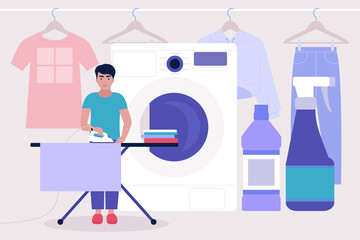 Young man ironing of linen