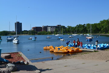 Scenic View of Downtown Minneapolis, Minnesota With Lake Calhoun and Sail Boats in Foreground