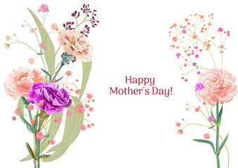 Horizontal Mother's Day, Victory Day card with carnation: red, pink, flowers, twigs gypsophile, white background. Templates for design, vintage botanical illustration in watercolor style, vector
